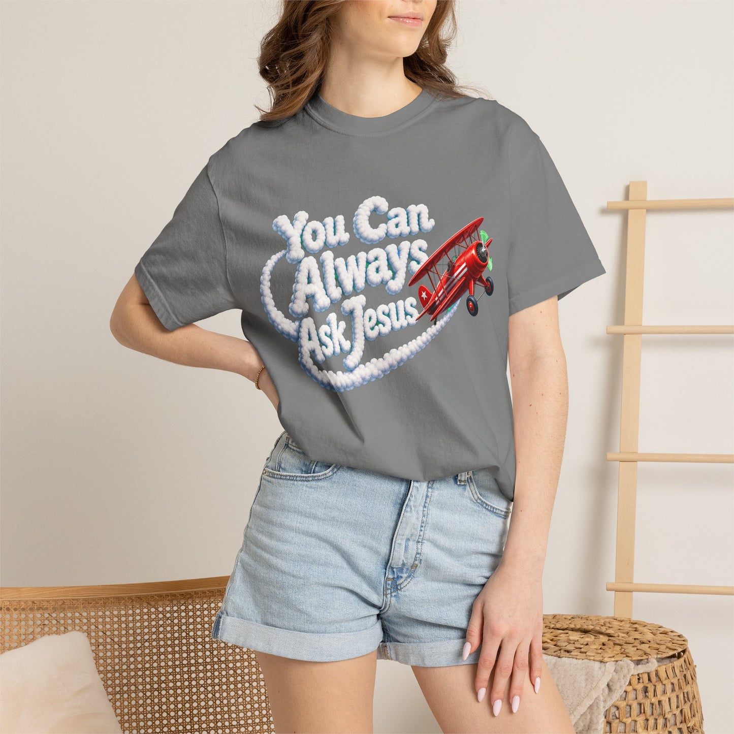 You Can Always Ask Jesus T-Shirt — Retro Biplane Skywriting Christian Tee