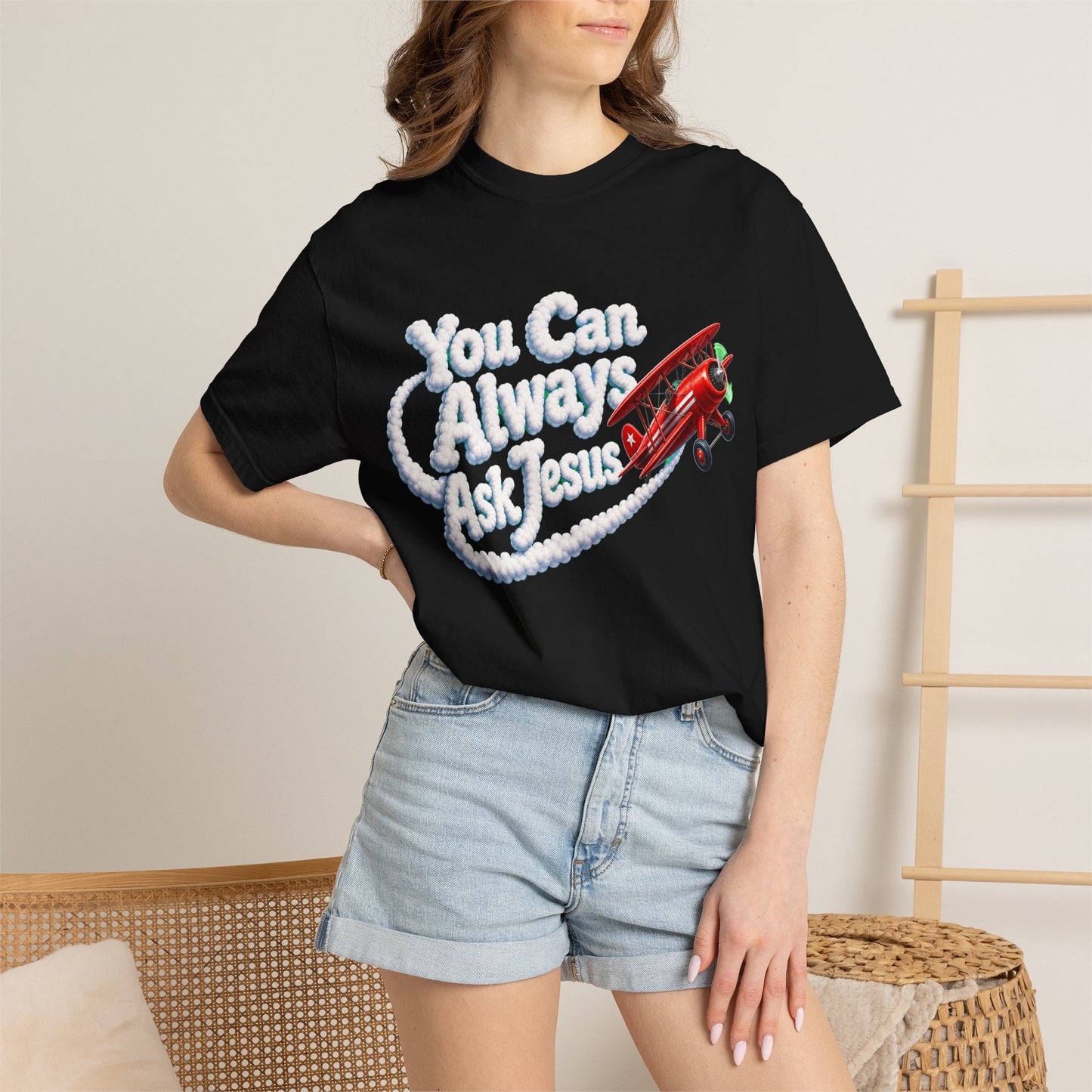 You Can Always Ask Jesus T-Shirt — Retro Biplane Skywriting Christian Tee