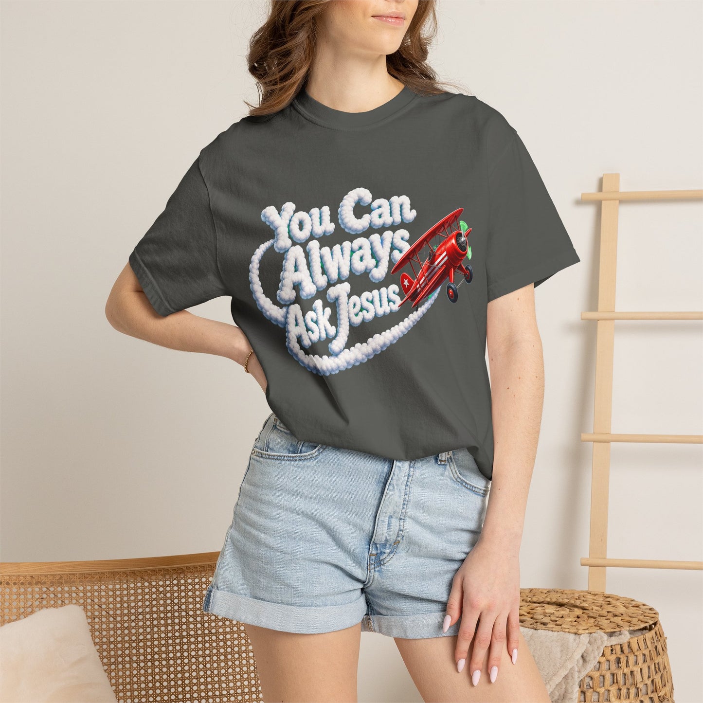 You Can Always Ask Jesus T-Shirt — Retro Biplane Skywriting Christian Tee
